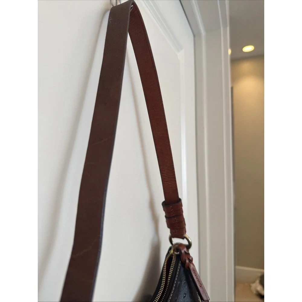 Dooney & Bourke Black Ostrich Embossed Leather Hobo Shoulder Bag Red Lining